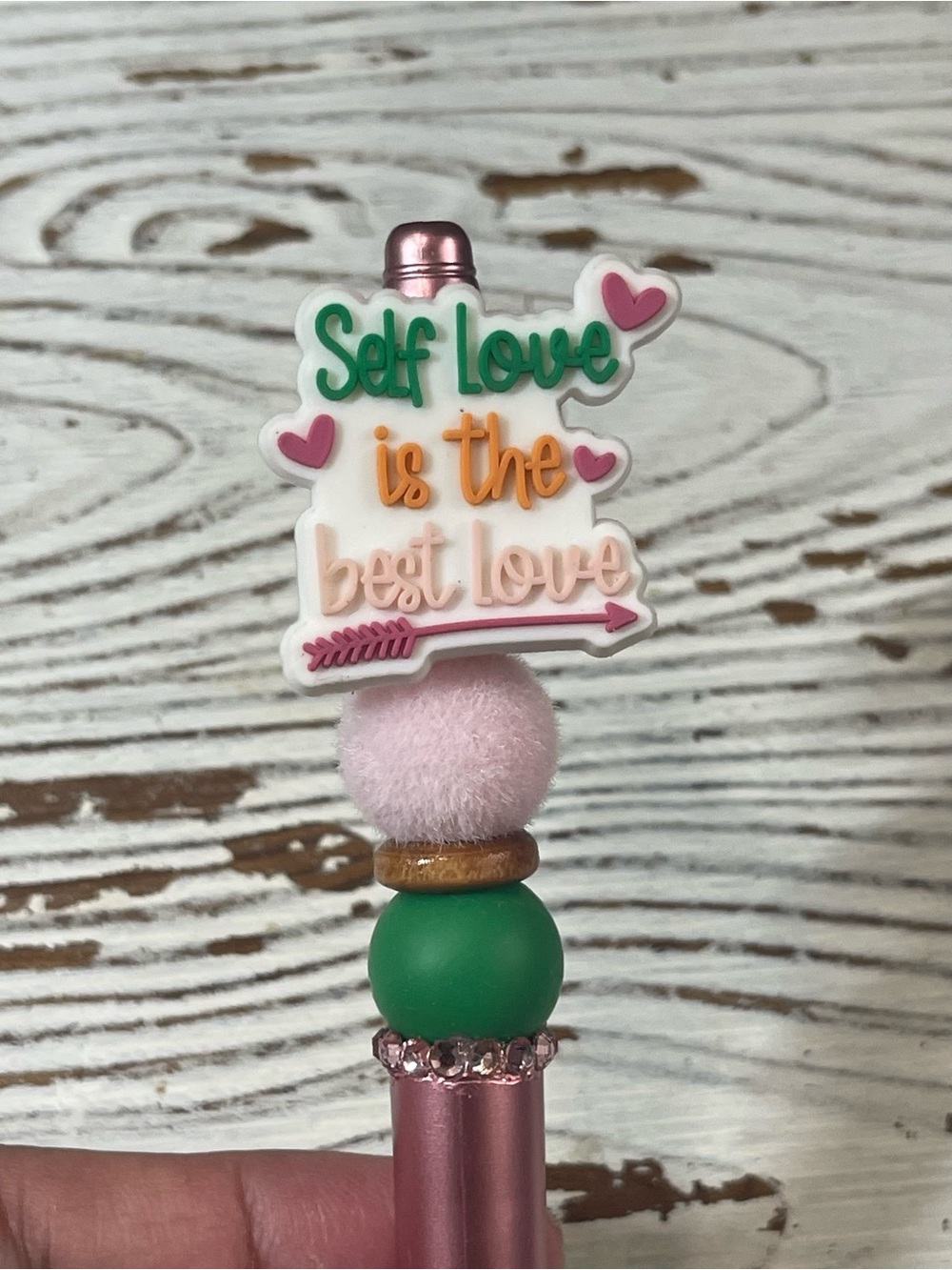 Hand Crafted Pink and Green Self Love Decorative Pen Topper